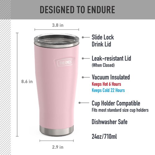 THERMOS ICON SERIES, Stainless Steel Cold Tumbler with Slide Lock, 24 Ounce, Sunset Pink