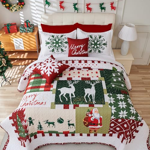King Size 5-Piece Christmas Quilt Set Reversible Santa Reindeer Snowflake Bedding