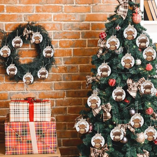 Geelin Highland Cow Christmas Ornaments Set — 12 Lightweight 3D Wooden Decorations