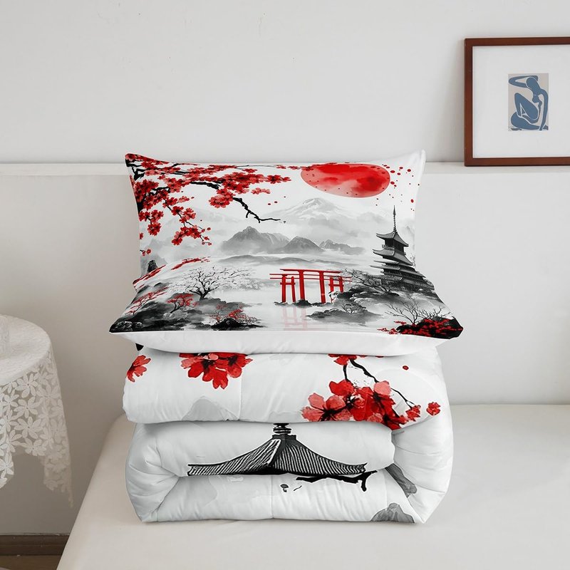 Feelyou Japanese Style Comforter Set Twin Size Kids Red Cherry Blossoms Bedding Set for Boys Girls Teens Mount Fuji Torii Comforter Breathable Ink Painting Duvet Set Sunset Quilt Set