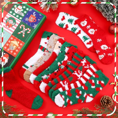 12 Pairs Christmas Fuzzy Socks Advent Calendar Unisex Holiday Warm Socks