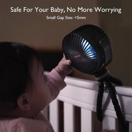 Momcozy Portable Stroller Fan - 8000mAh Battery | 27H Runtime | 4-Speed 360° Rotation | USB Rechargeable Night Light