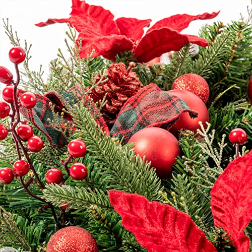 9Ft Red Poinsettia Christmas Garland with Lights - Pre-lit Holiday Decor for Indoor Outdoor, Plug-In, AMERZEST
