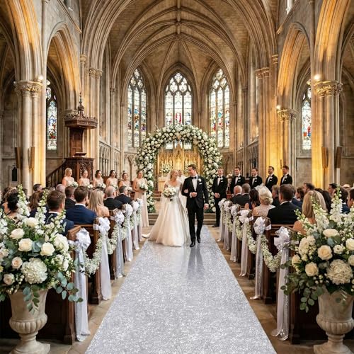 QueenDream Silver Sequin Aisle Runner 4ft x 20ft Wedding & Party Carpet - Glitter Fabric for Indoor & Outdoor Decor