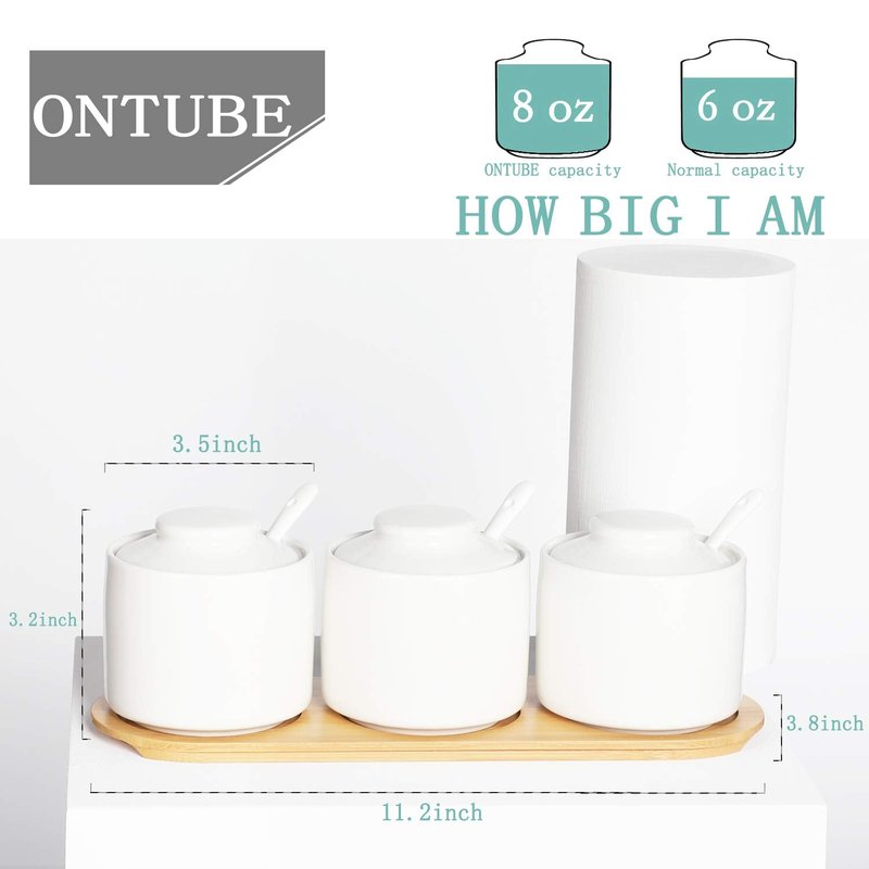 ONTUBE Porcelain Condiment Jar Set of 3 Spice with Tray, Ceramic Condiment Pot Spoon and Lid, Seasoning Box,Sugar Bowl, 8oz (White)