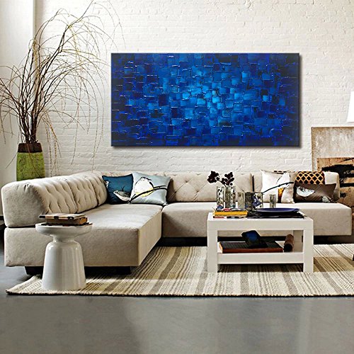 Hand Painted Abstract Textured Canvas Wall Art - Dark Blue Squares 40x20