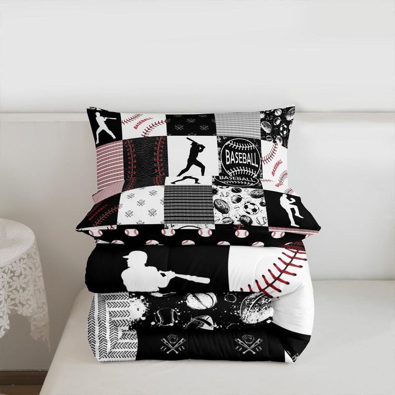 Erosebridal Twin Kids Baseball Comforter Set Softball Bedding Set Sports Game Quilted Comforter for Kids Patchwork Down Comforter Baseball Gift Duvet Insert 2pcs, Red Black Gray,Twin
