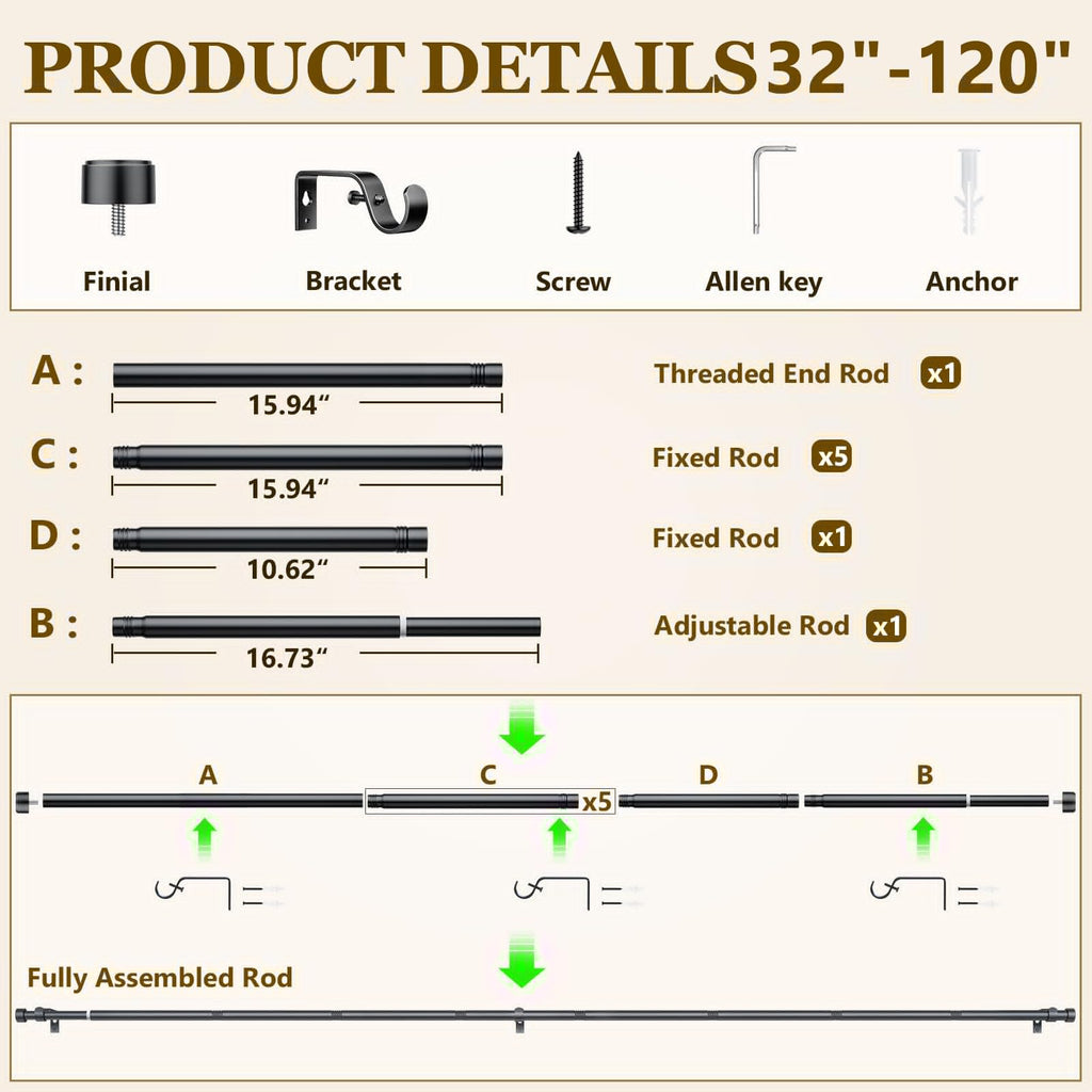 2 Pack Curtain Rods for Windows 32-120 Inch, 1 Inch Adjustable Black Curtain Rod Set with Brackets, Easy Install
