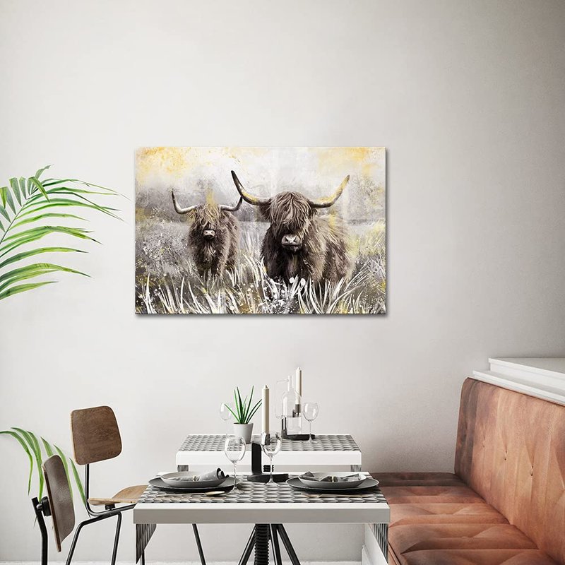 Derkymo Highland Cow Picture Wall Decor Canvas Art Farm Animal Artwork Farmhouse Decorations Framed Easy to Hang 24"x36"