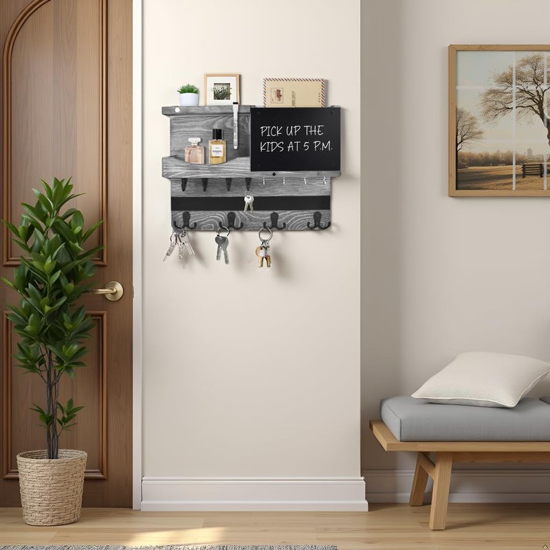 HEKOOLA Key Holder for Wall Mount with Shelf and Mail Organizer, Key and Mail Holder with 16 Hooks, Farmhouse Entryway Organizer, Home Decor Rack(Pine Wood,Washed Gray)