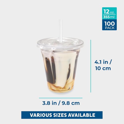 Freshware 12 oz Clear Disposable Plastic Cups - Heavy-Duty Tumblers with Lids & Straws | 100 Pack for Parties