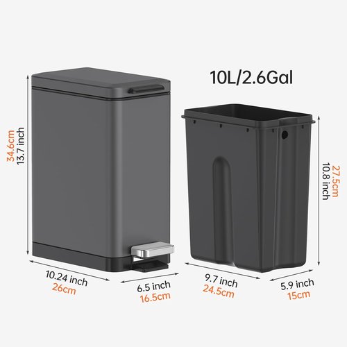 Mbillion Slim Stainless Steel Bathroom Trash Can - 10 Liter Soft Close Step Pedal Wastebasket | Dark Grey