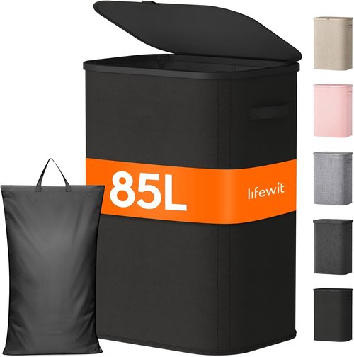 Lifewit 85L Large Laundry Basket - Foldable Hamper with Lid & Removable Bag | Black