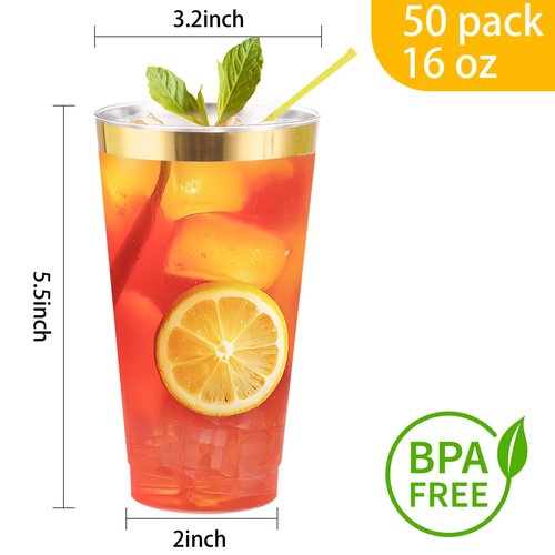 I00000 16 oz Gold Plastic Cups, 50 Pack Clear Plastic Cups Tumblers Gold Rimmed Disposable Cup, Heavy-duty Disposable Cup Perfect for Birthday, Wedding & Party