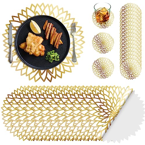 200 Pcs Gold Round Disposable Paper Placemats and Coaster Set 13-Inch