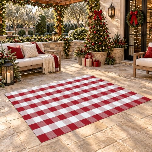 Homydecor Red & White Plaid 4' x 6' Rug - Reversible Cotton Blend, Washable Porch & Entryway