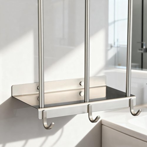 Towel Rack for Rolled Towels, 2-Tier Rolled or Folded Storage Shelves, Telescopic Stainless Steel Towel Holder with Shelf & 3 Hooks, Wall Mounted Bathroom Storage Cabinets for Modern Small Space Decor