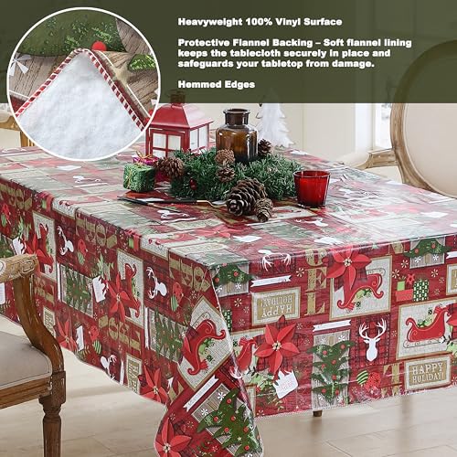 84x60 Inch Red Sleigh Bells Christmas Tablecloth - Festive Vinyl Holiday Cover