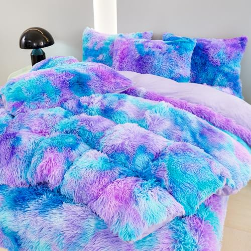 Twin Size Tie Dye Faux Fur Duvet Cover Set - 3-Piece Shaggy Bedding