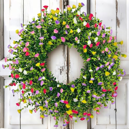 22-Inch Artificial Floral Wreath for Front Door - Colorful Spring Farmhouse