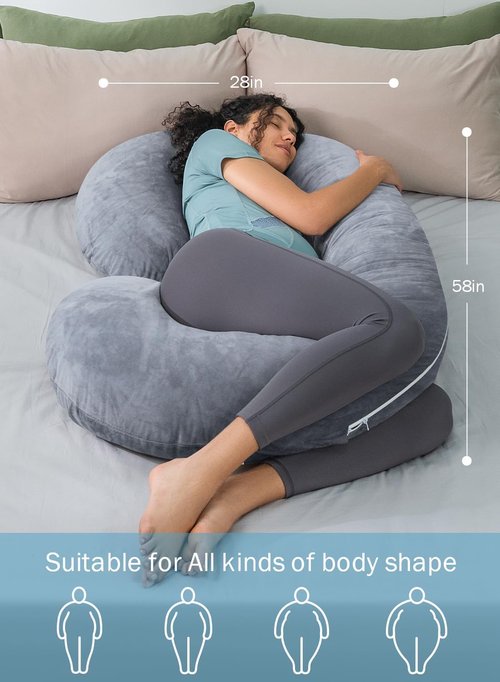 INSEN Pregnancy Pillow - C-Shaped Maternity Pillow with Jersey Cotton Cover | Gray Color