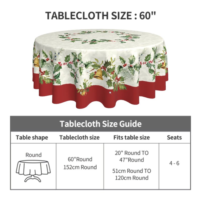 Sweetshow Merry Christmas Round Tablecloths 60 Inch Holiday Tablecloth Decor Winter Gold Green Table Cloth Polyester Fabric Season Outside Table Cover for Kitchen Outdoor Indoor Party