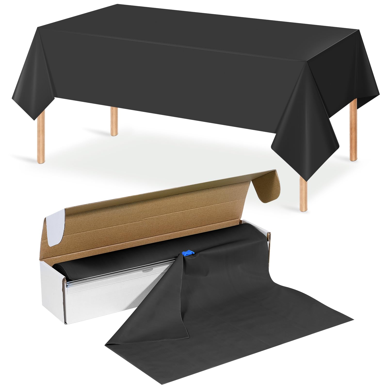 YIDAKO 54 Inch×100 Feet Black Tablecloth Roll Disposable Rectangle Black Table Cloth Roll Plastic Table Covers with Slide Cutter for Birthday Graduations Halloween Party Decorations