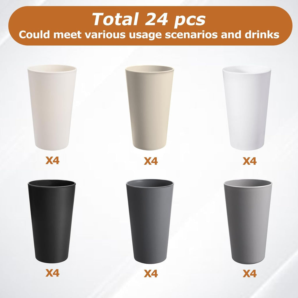 Skiennix 24 Pcs Unbreakable Plastic Cups Set - 20 Oz Reusable Stackable Tumblers | BPA-Free, Dishwasher Safe