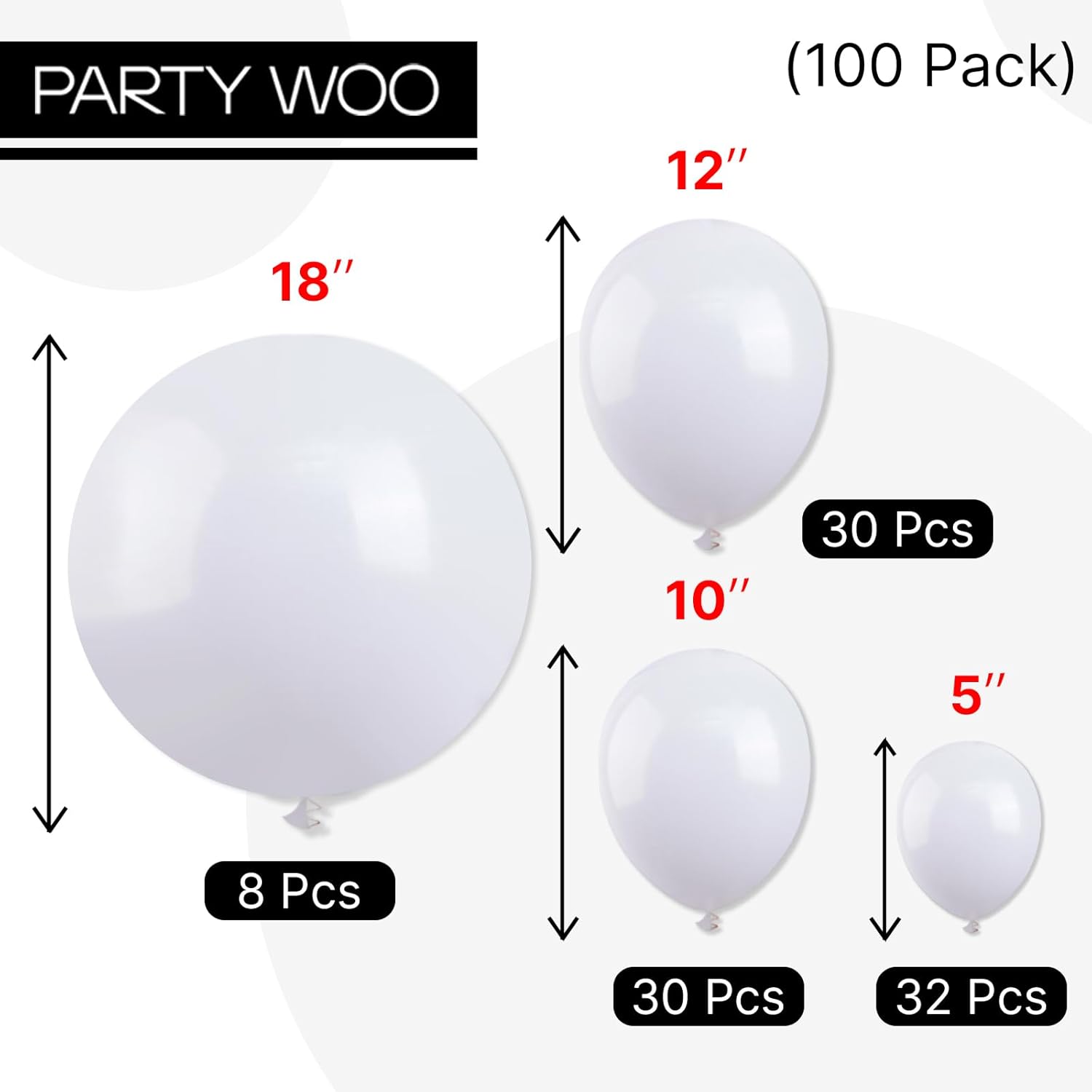 PartyWoo White Balloons - 100pcs Matte Latex Balloon Arch Kit | 12", 10", 5" Sizes for Weddings & Events