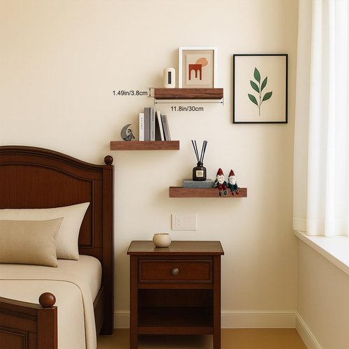 Modern Wooden Floating Shelves by [Brand Name] - Stylish Wall-Mounted Bathroom & Book Shelf | Set of 3 (Walnut-Like, 12x7x1.5 in)