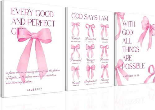 Coquette Pink Bow Wall Art - Inspirational Bible Verses Canvas Posters | Set of 3, 12x16 Inch Decor for Teen Girls