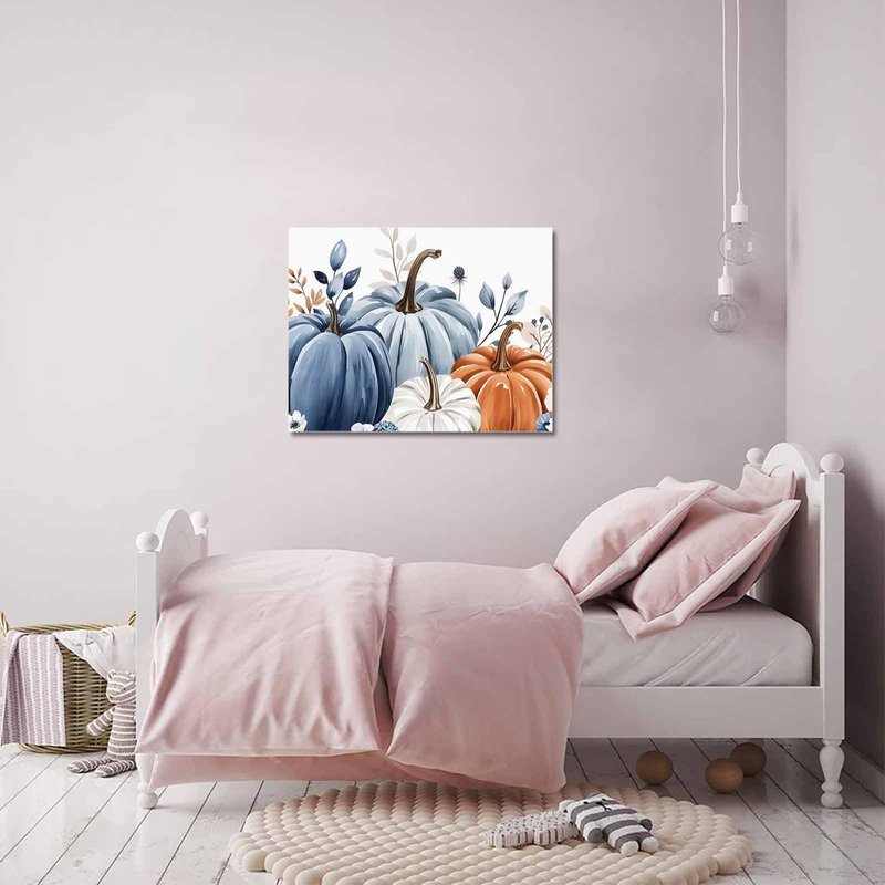 Fall Canvas Wall Art - Thanksgiving Blue Leaves Pumpkin White Background - Modern Wall Decor Gallery Canvas Wraps Giclee Print Stretched and Framed Ready to Hang - 20" x 24"