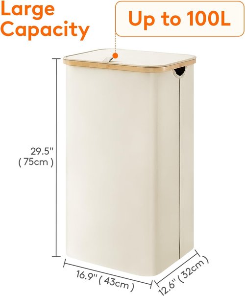 Lifewit 100L Laundry Basket - Foldable Hamper with Lid & Bamboo Handles | Removable Bag, White