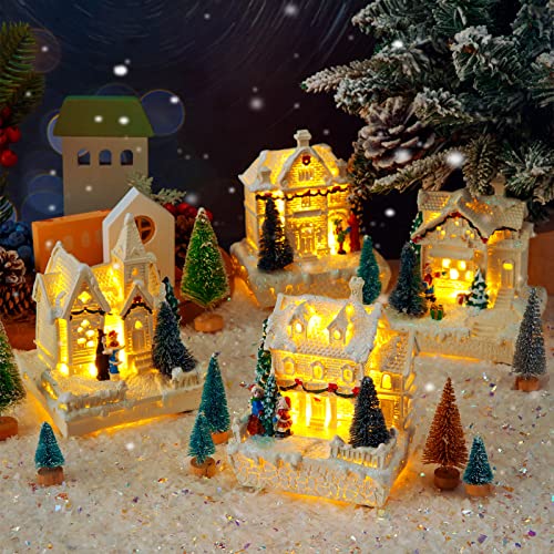 Elegant 15-Piece LED Christmas Village Set with Decor, Trees & Fake Snow