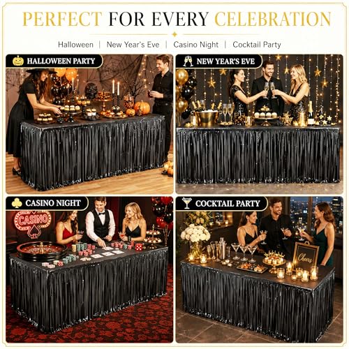 4-Pack Black Foil Fringe Table Skirt, Metallic Tinsel Party Decorations
