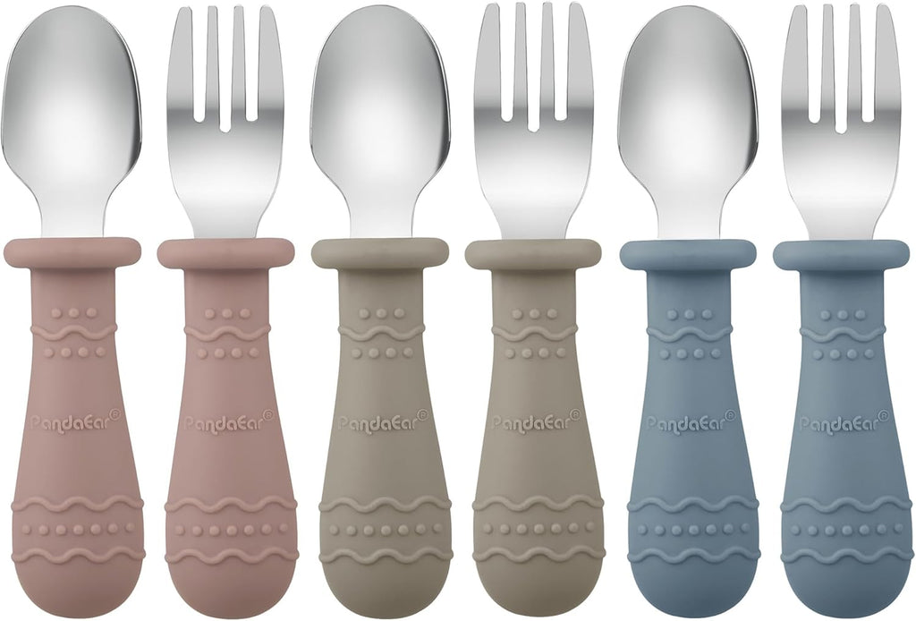 PandaEar Toddler Utensils - 6 Pack Kids Spoons & Forks | 18/8 Stainless Steel & Silicone Set (Blue/Brown/Red)