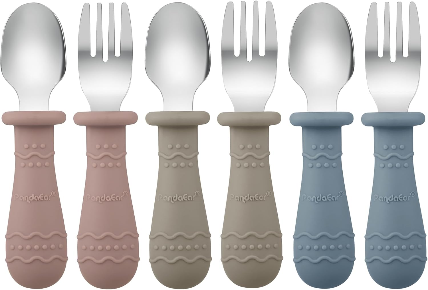 PandaEar Toddler Utensils - 6 Pack Kids Spoons & Forks | 18/8 Stainless Steel & Silicone Set (Blue/Brown/Red)