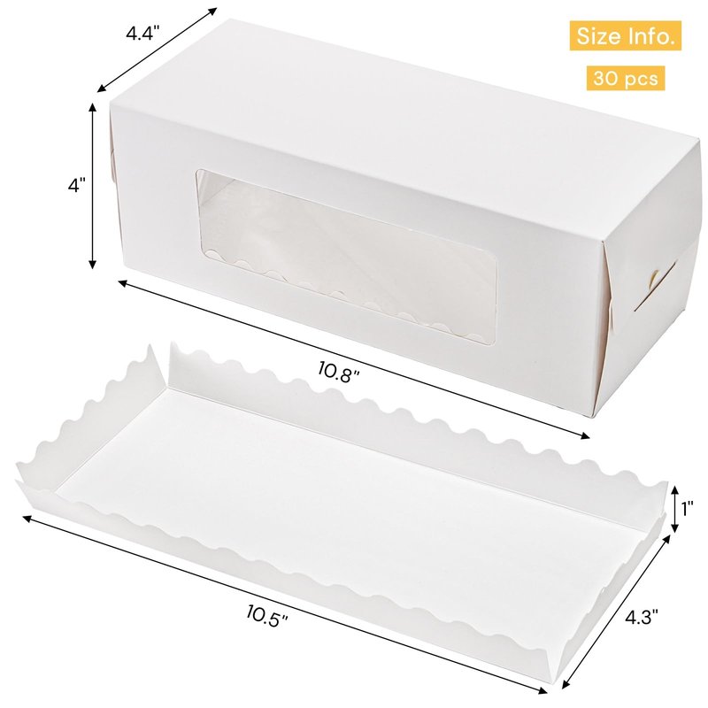 Nagpew 30 Pack Roll Cake Boxes, 10.8'' x 4.4'' x 4'' Pumpkin Roll Container with Window Paperboard, White Loaf Bakery Holder for Wedding, Thanksgiving, Pastries