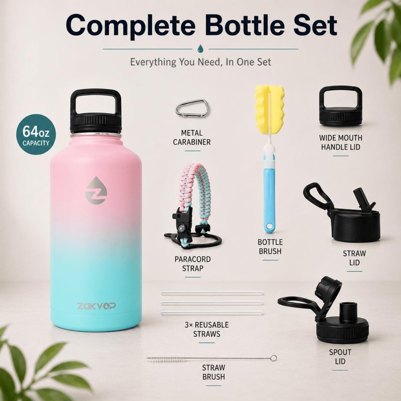 ZAKVOP 64 oz Insulated Water Bottle with Straws&3 Lids, ZAKVOP Half Gallon Water Bottle Stainless Steel Double Walled, Big Water Jug with Paracord Handle, Large Metal Water Bottle for Gym