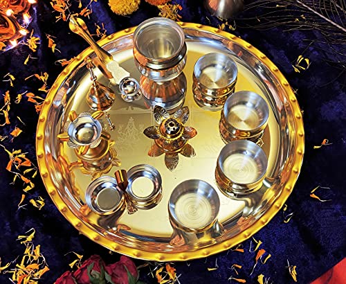 12-Inch Pooja Thali Set Gold and Silver Plated Ritual Puja Plate