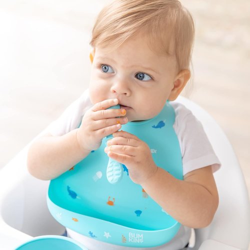 Bumkins Silicone Baby Utensil Set - Soft Tip Trainer Spoons for Self-Feeding | 3-Pack in Blue & Green