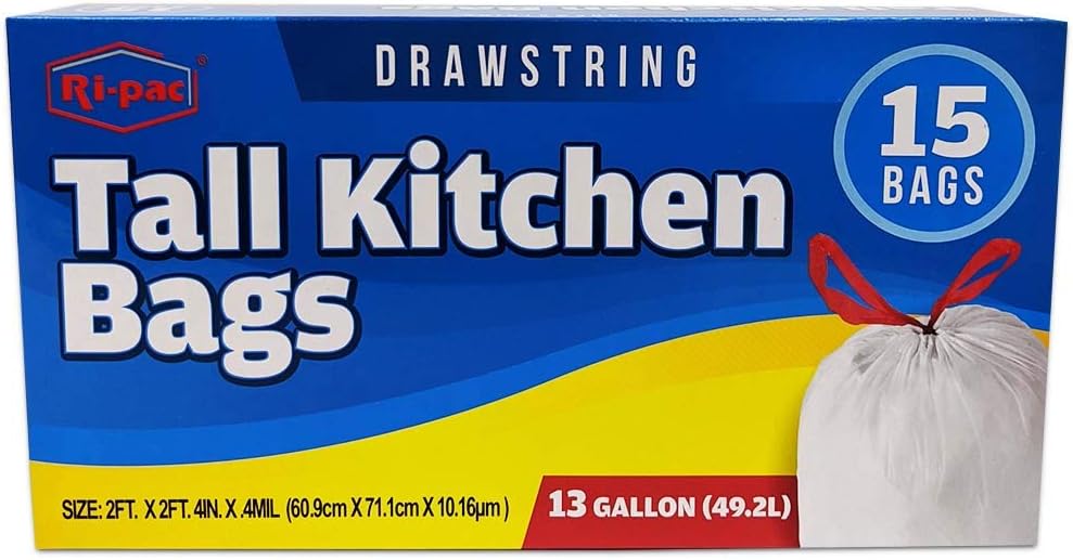 Ri-pac 13 Gallon Tall Kitchen Trash Bags - Drawstring Closure | 15 Count Pack for Easy Disposal