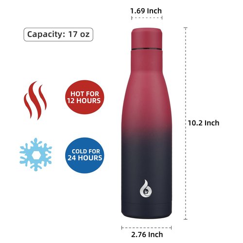 BJPKPK Insulated Water Bottle 17oz Stainless Steel Water Bottles Diashwasher Safe Reusable Metal Thermal Keep Cold and Hot,Charming Black Red