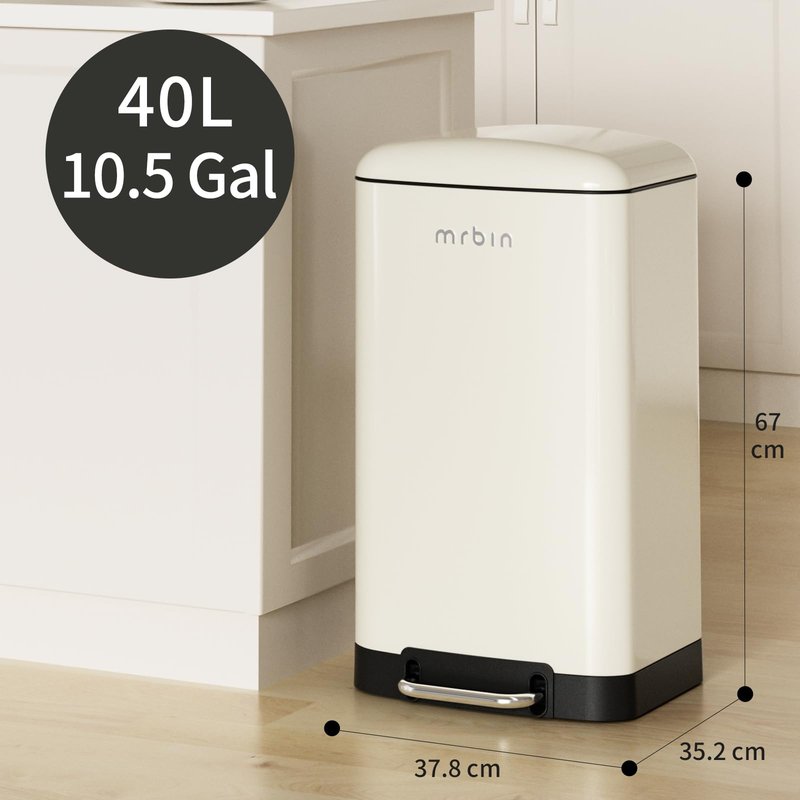 MRBIN Small Bathroom Trash Can with Lid, Metal Step Waste Basket Touchless Soft Close, 6L / 1.6gal Rectangle Garbage Bucket with Stainless Steel Pedal for Kitchen, Office, Bedroom Accessories, White