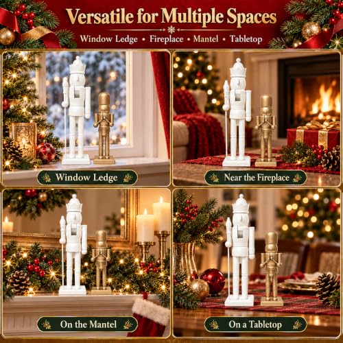 Nutcracker Christmas Decor Set, 2-Pack White & Gold – Royal King & drummer Figurines, 15in & 9.85in (Variation: Whitegolden) by Tngan