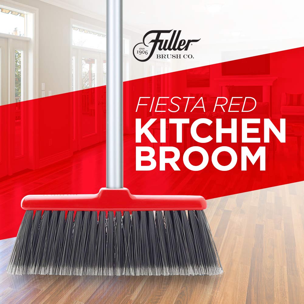 Fuller Brush Adjustable Kitchen Broom – 10" Wide Broom Head with Split-End Bristles and Steel Handle (29"–52") for Sweeping Fine Dust and Crumbs – Red (Fiesta Broom Complete)