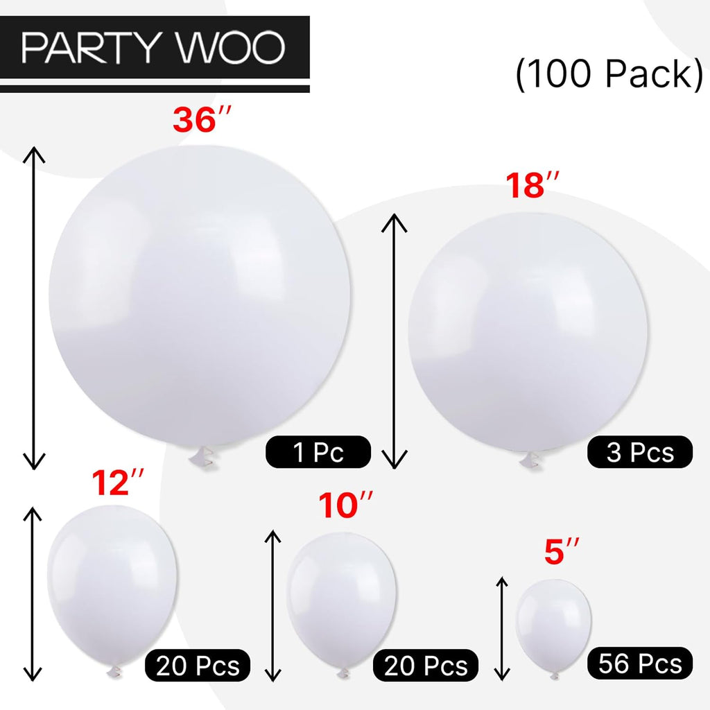 PartyWoo White Balloons - 100 Pcs Matte Latex Balloon Arch Kit | 5-36 Inch for Weddings & Celebrations