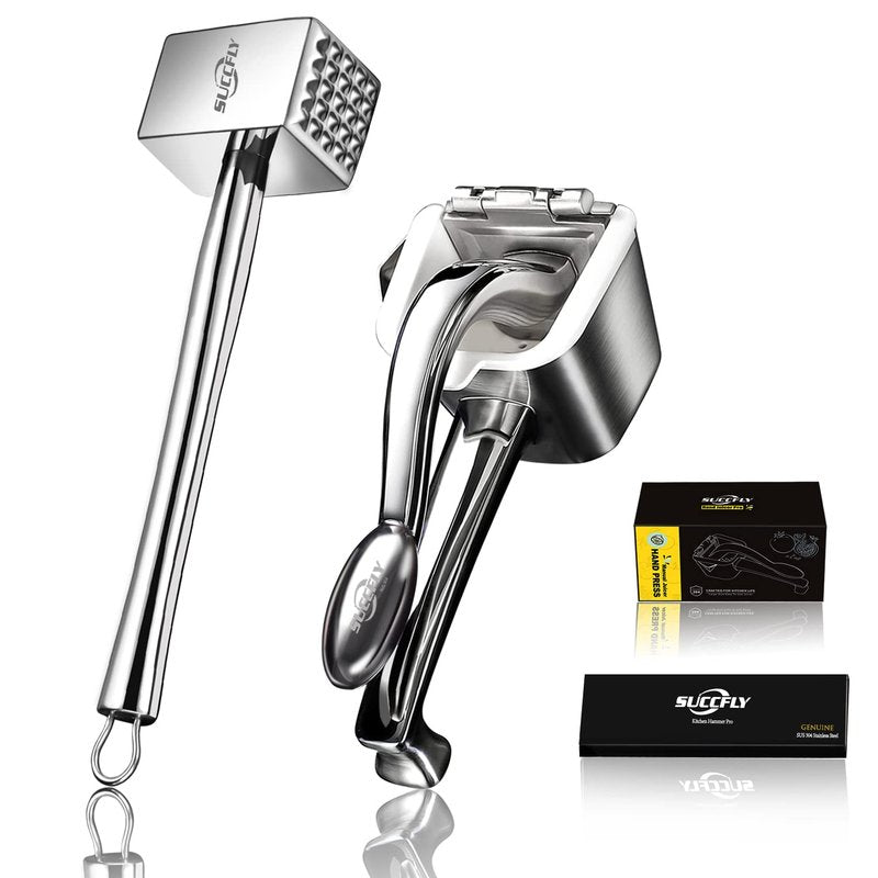 SUCCFLY Premium Kitchen Tool Kit, Heavy Duty Manual Juicer + Meat Tenderizer, Food Grade Stainless Steel Ultra Durable