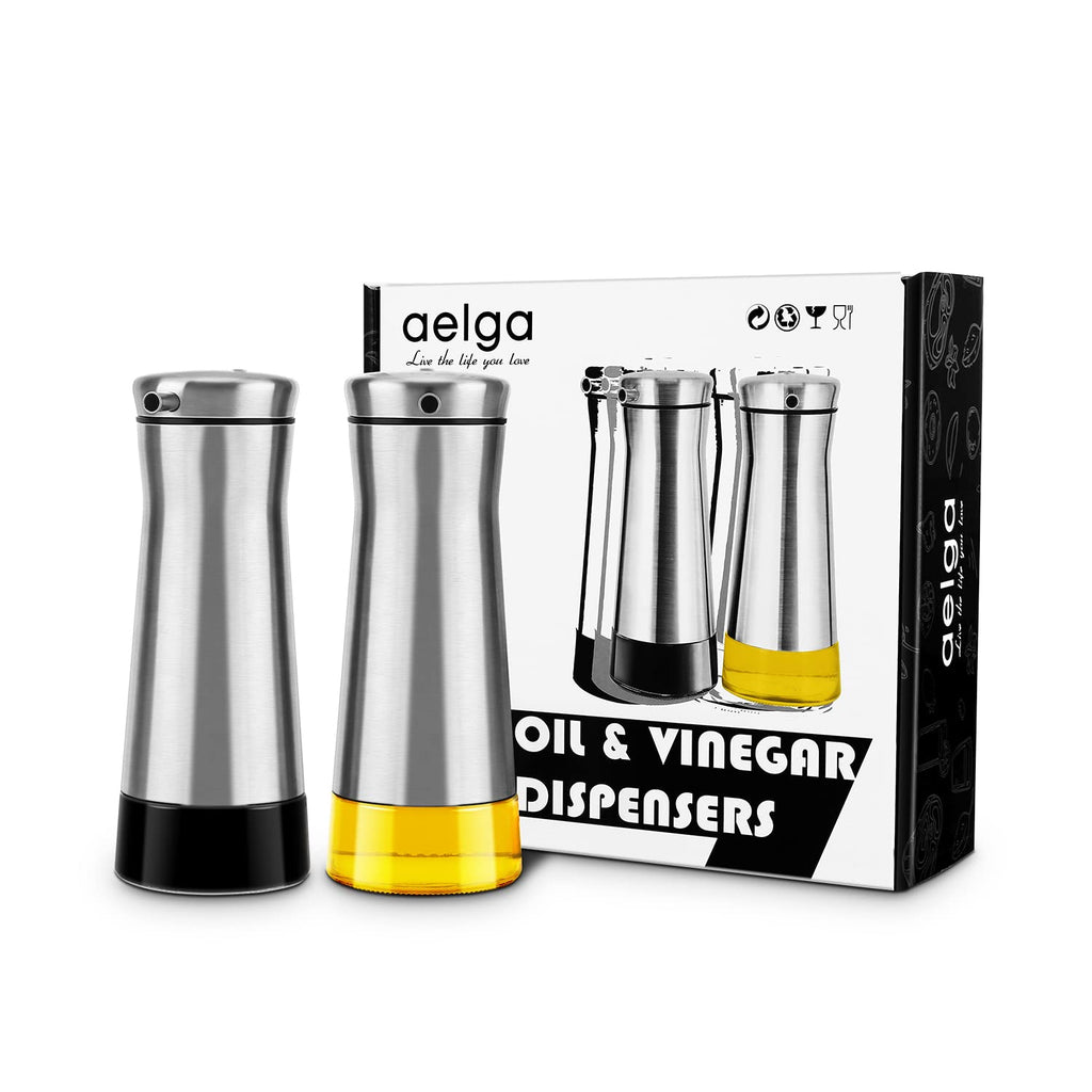 Aelga Olive Oil And Vinegar Dispenser Set -2 Pack Elegant Stainless Steel Oil Dispenser Set- Vinegar Bottle for Kitchen with No-Drip