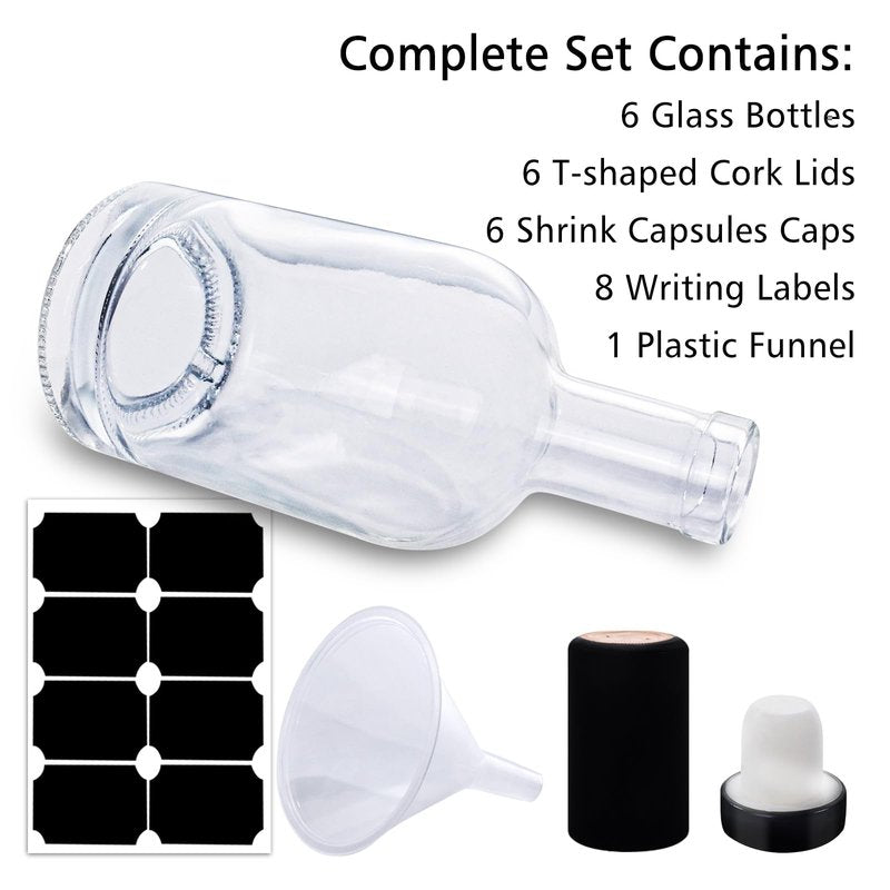 NAWORLI 12 OZ Clear Glass Bottles with Cork, 6 Pack 375 ML Liquor Bottles with T-shaped Stopper Caps and PVC Shrink Capsules, Empty Heavy Base Vodka Bottles for Whiskey, Wine